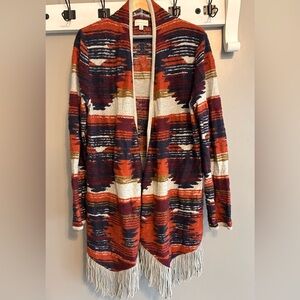 Lucky Brand Long Striped Knit Western Cardigan with Fringe